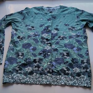 NWT Karen Scott Teal Floral Field Flowers Cardigan S